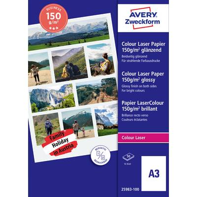 Papier Couleur Avery Zweckform pour laser Couleur, format A3 brillant 150 g/m², présentant des photos de voyage et un exemple de mise en page « Vacances en famille en Autriche ».