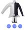 Une chemise est séchée à l'aide d'un appareil qui souffle de l'air chaud jusqu'à 65°C. Ci-dessous des symboles : Technologie à air chaud, Séchage jusqu'à 65°C, Minuterie 0-180 min.