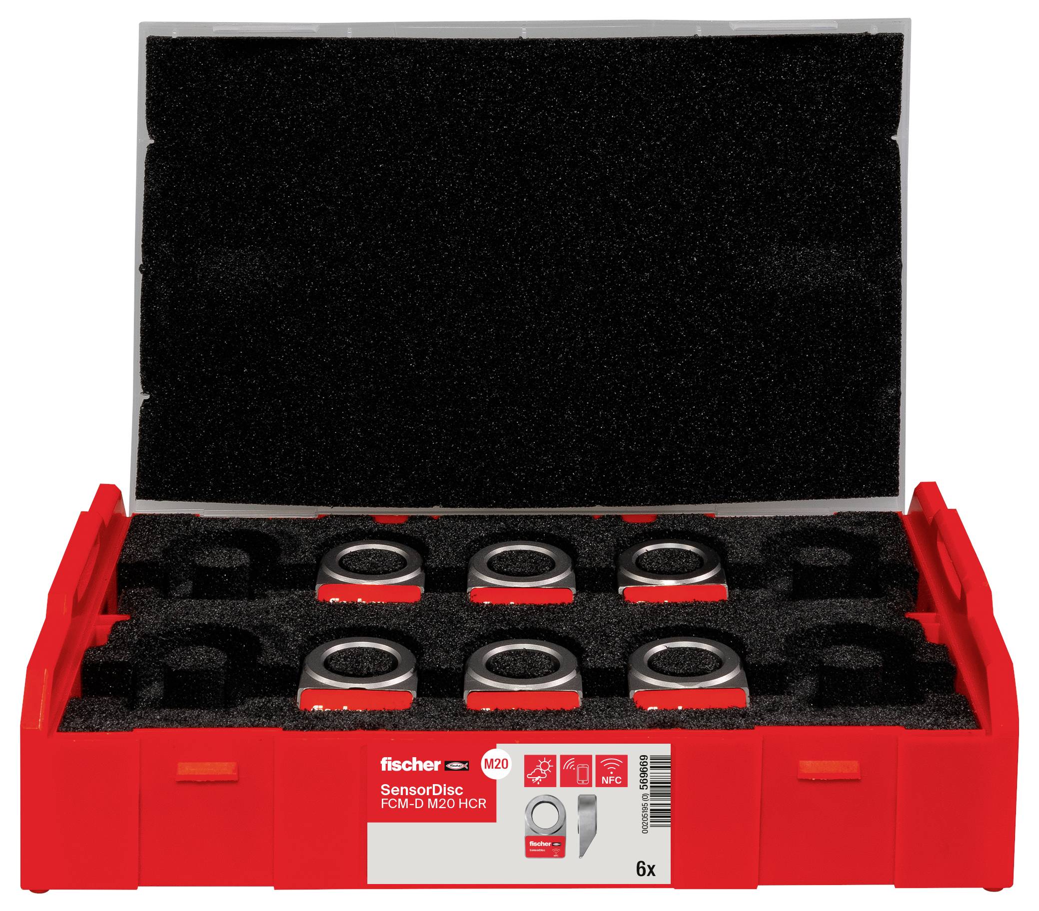 Six disques capteurs dans un boîtier de rangement rouge avec rembourrage en mousse. Le boîtier est ouvert et montre les pièces soigneusement disposées.