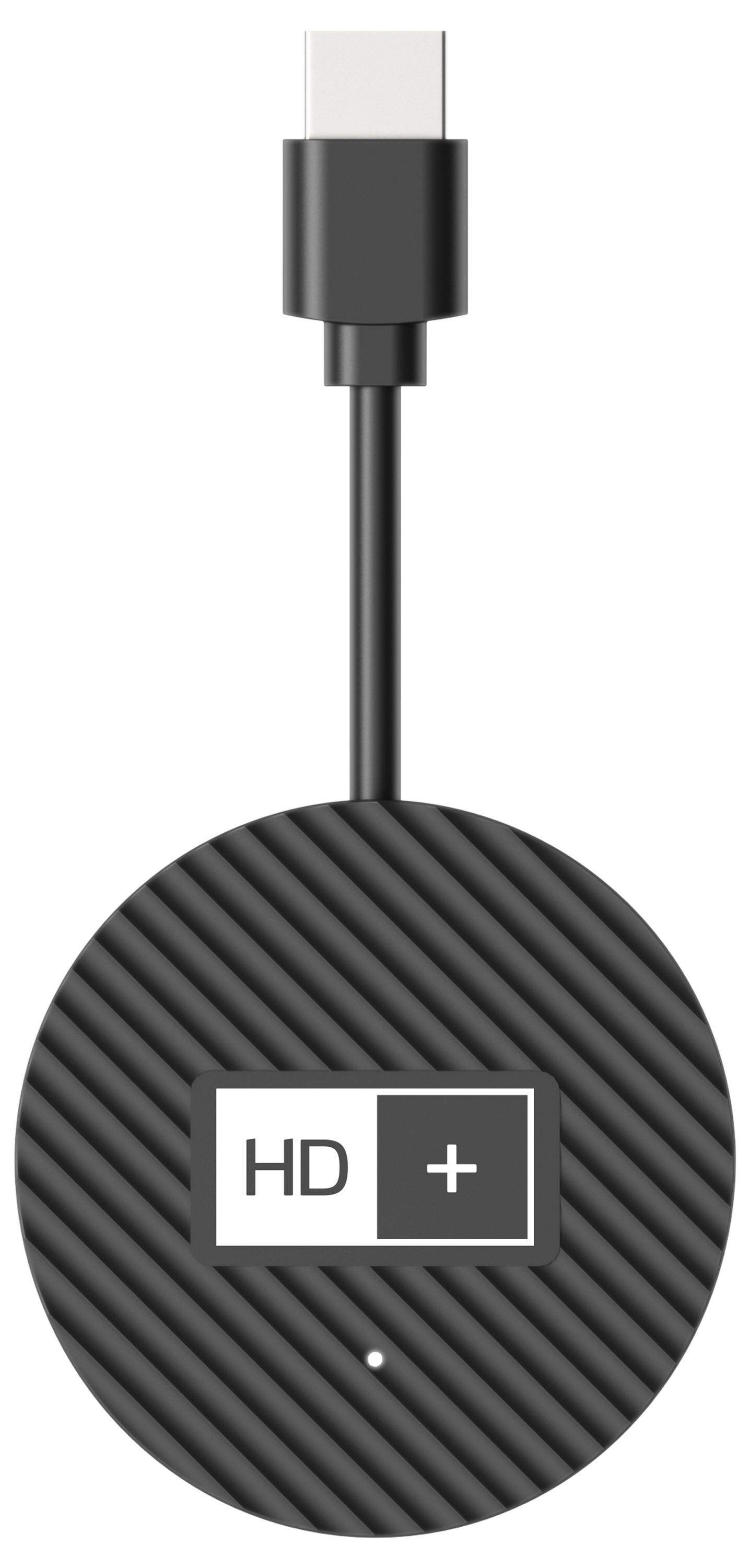 Chargeur USB-C rond noir avec logo « HD+ » imprimé et surface texturée.