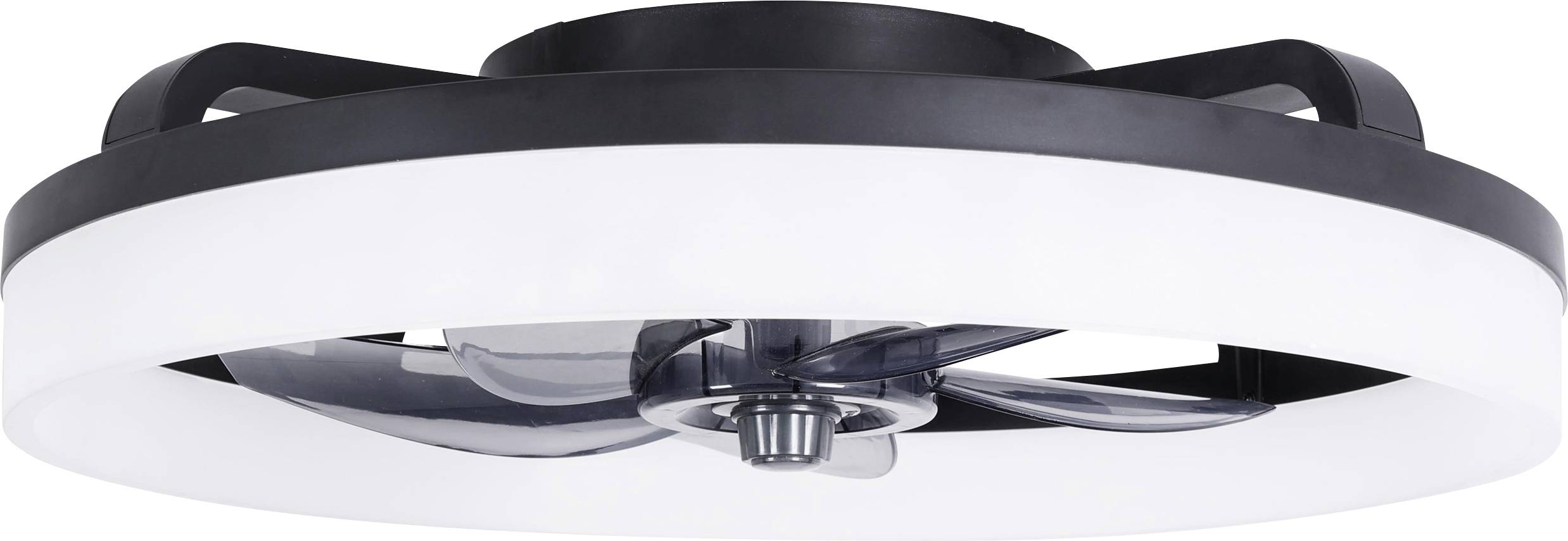 Ventilateur de plafond avec éclairage LED circulaire et boîtier noir, design moderne.