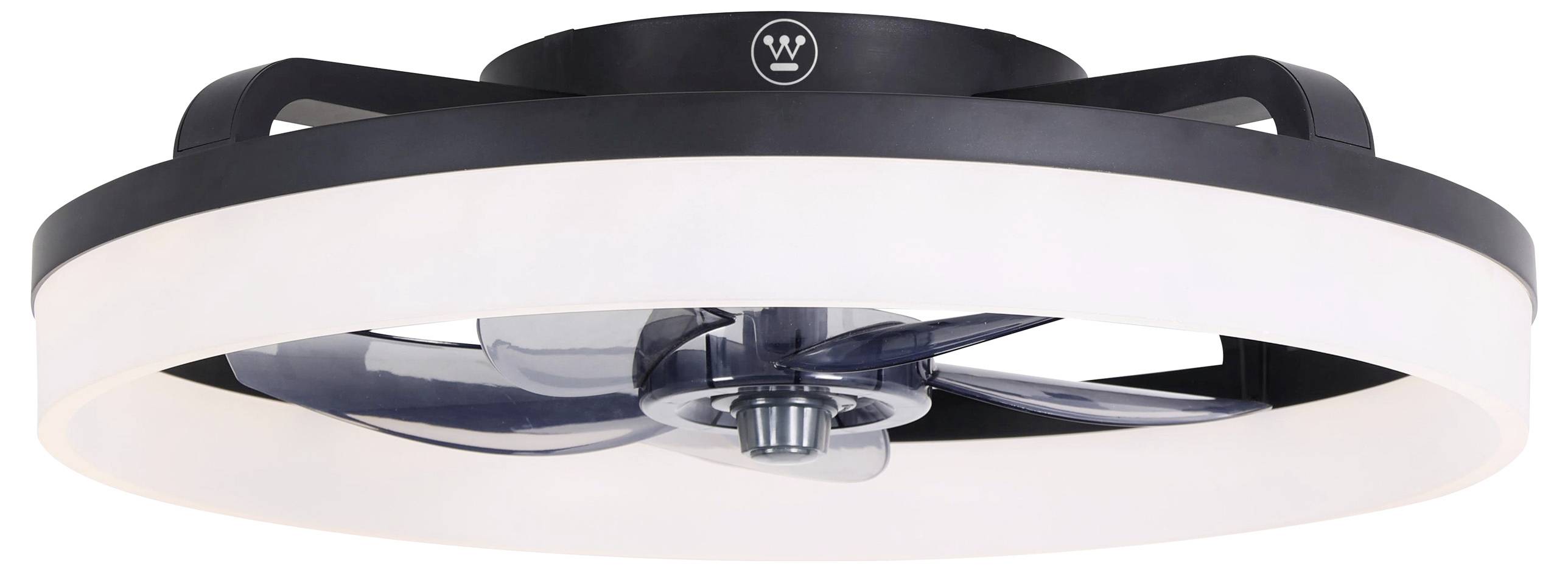 Ventilateur de plafond avec éclairage LED intégré, boîtier noir, pales translucides, pour un éclairage moderne et une circulation d'air optimale.