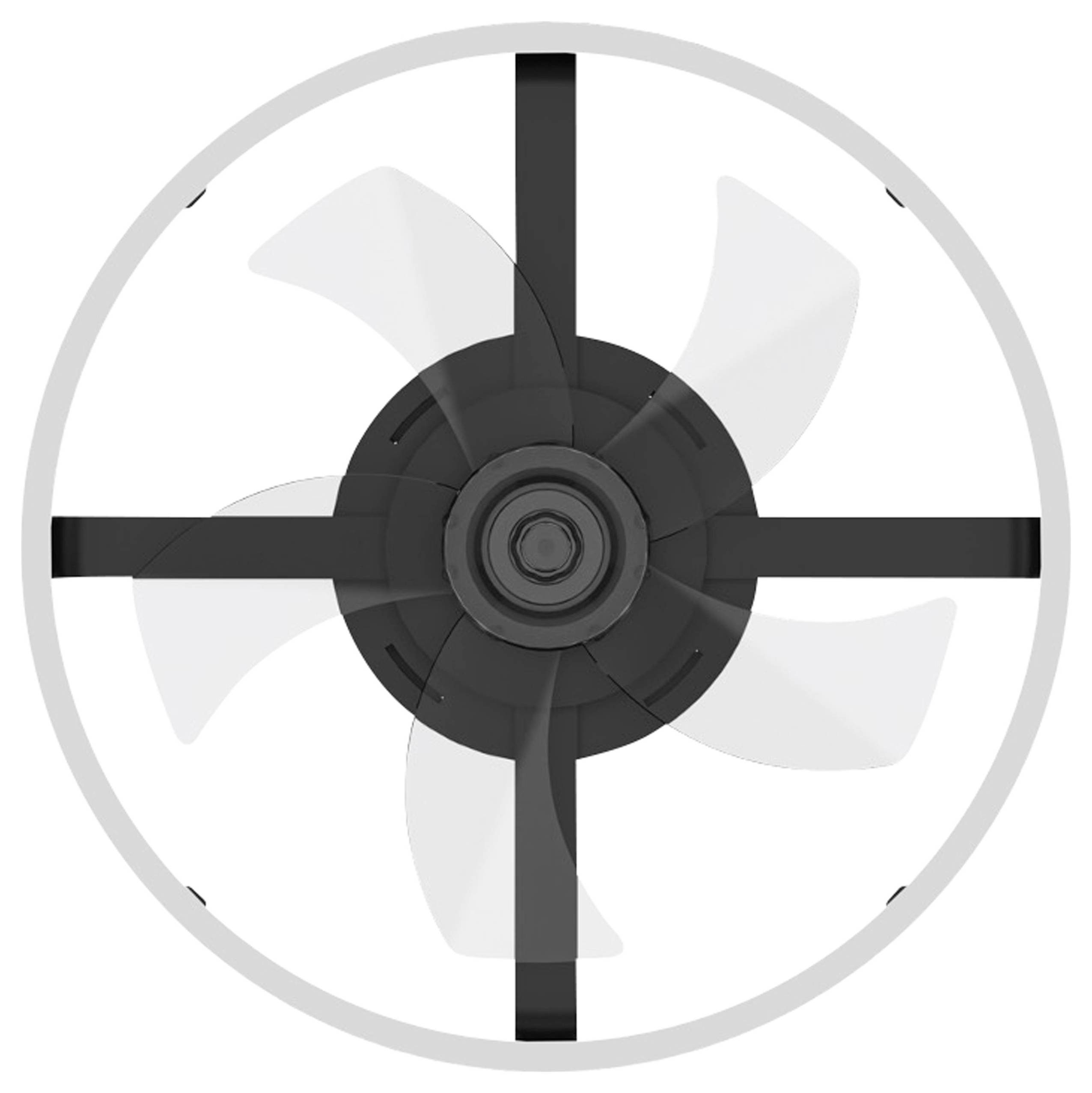 Un ventilateur noir avec une grille de protection grise est visible de face. Il a cinq pales et est centré dans l'image.