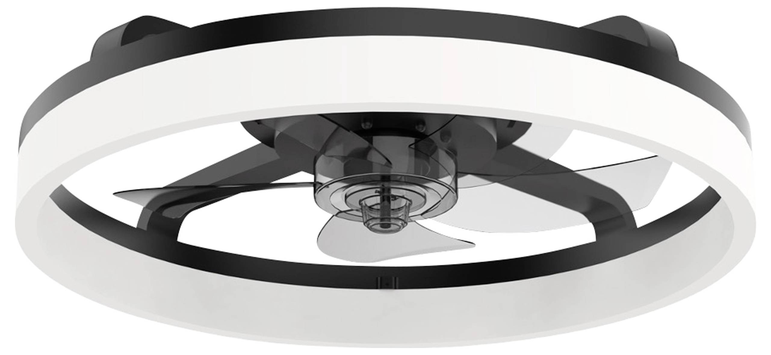 Plafonnier de ventilateur moderne avec anneau blanc et rotor noir ; design élégant pour intérieurs contemporains.