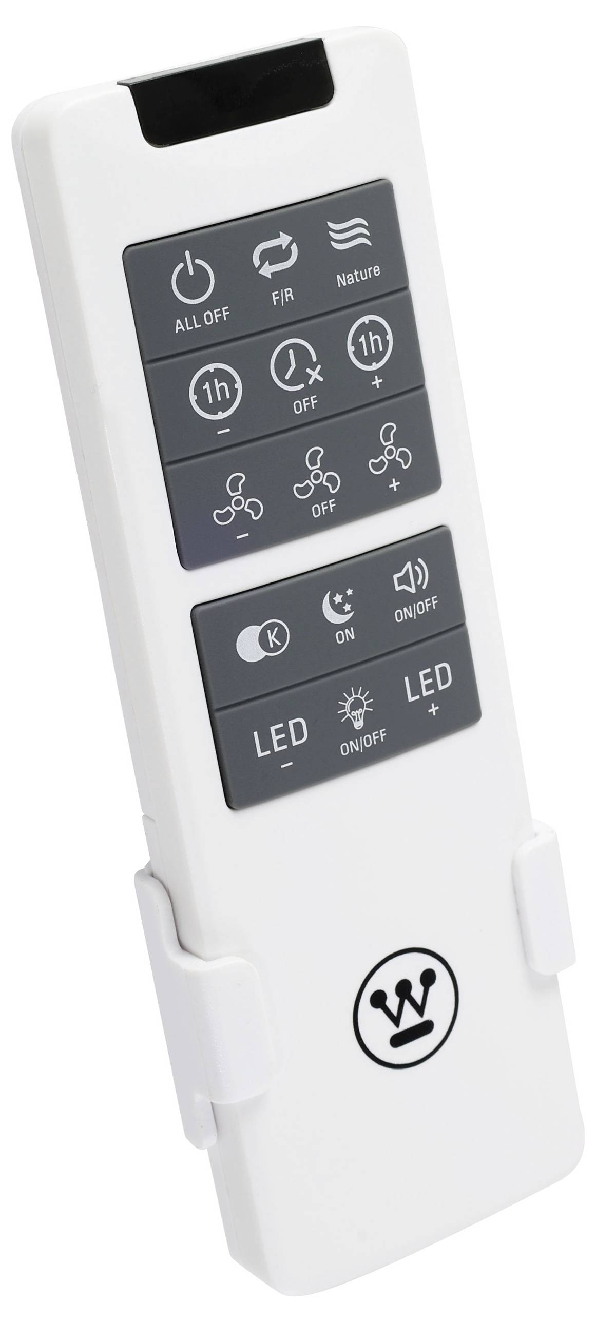 Télécommande avec des symboles pour le contrôle du ventilateur et de l'éclairage. Touches pour Marche/Arrêt, Minuterie, Mode et éclairage LED.