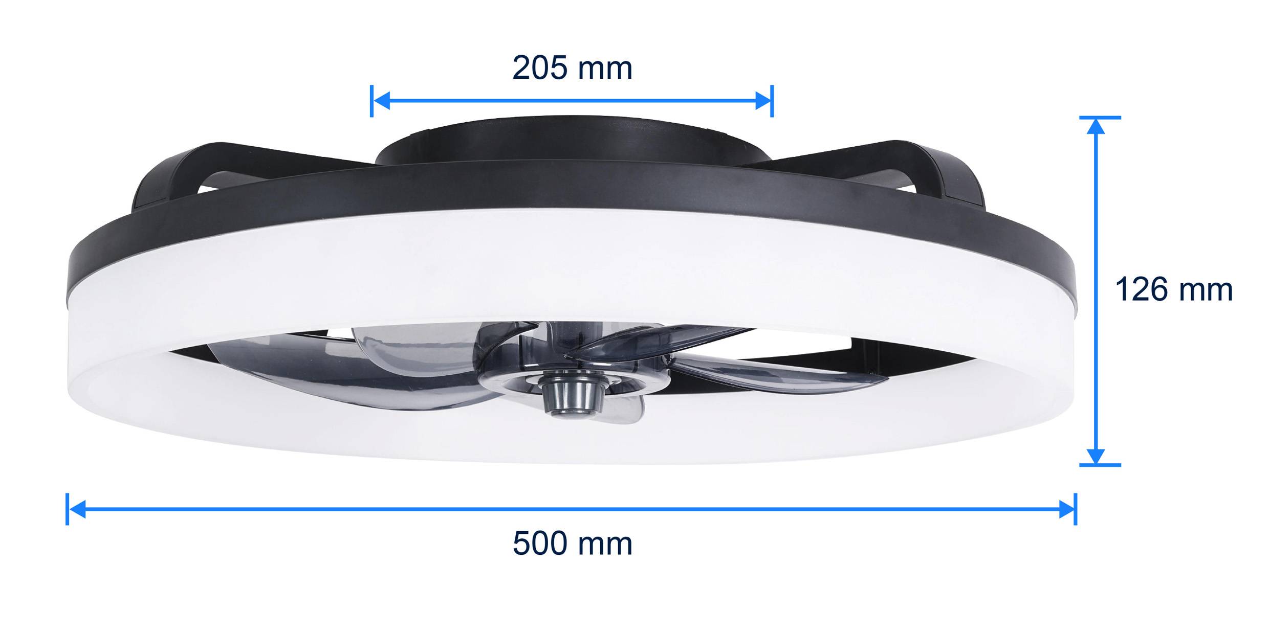 Plafonnier ventilateur en matériau noir avec anneau LED, diamètre 500 mm, hauteur 126 mm.
