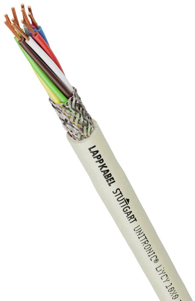 Un câble multibrins avec l'inscription imprimée 'LAPPKABEL STUTTGART UNITRONIC LiYCY 18x0.25'. Des fils de cuivre codés par couleur sont visibles.