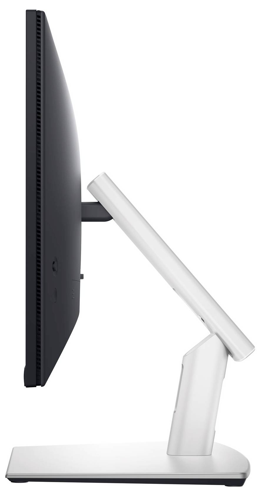 Vue latérale d'un écran d'ordinateur ultra-fin installé sur un support réglable en hauteur, pouvant être utilisé dans un bureau moderne.