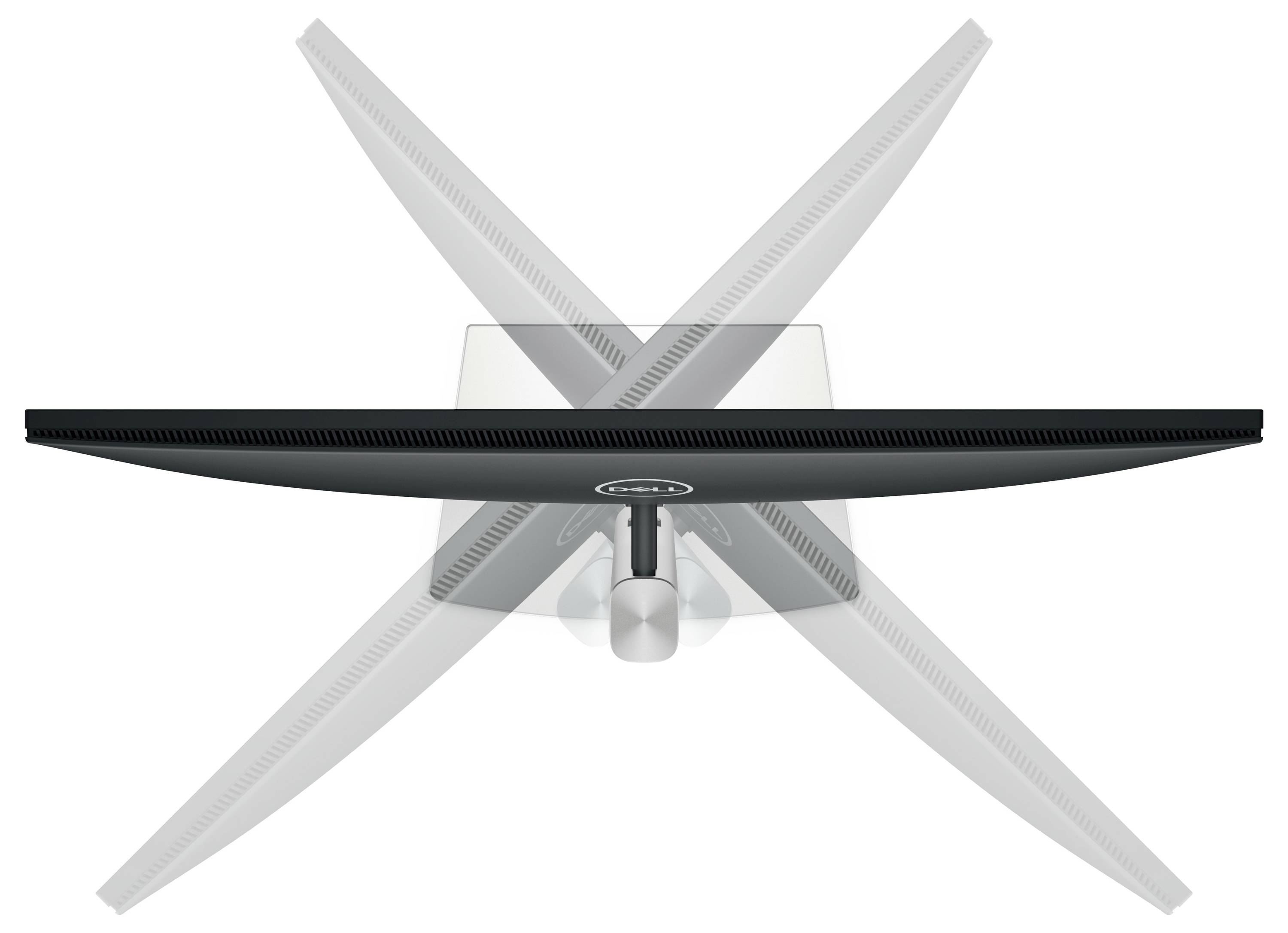 Vue d'un moniteur depuis le dessus montrant la fonction de pivotement avec un 'X' superposé représentant la direction du mouvement.