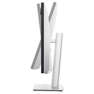 Un moniteur d'ordinateur blanc avec un cadre fin, incliné sur le côté, fixé sur un support élancé, sur un fond blanc.