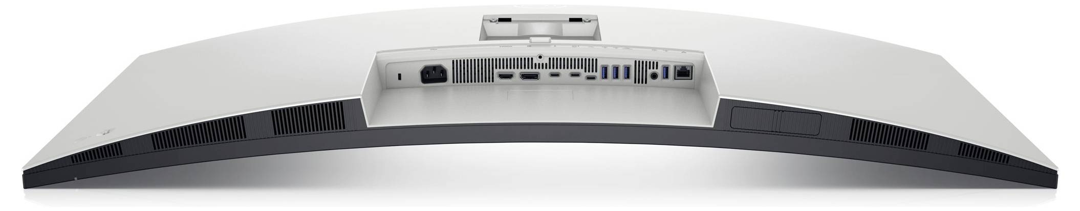Arrière d'un écran d'ordinateur incurvé avec des ports de connexion et des fentes de ventilation visibles.