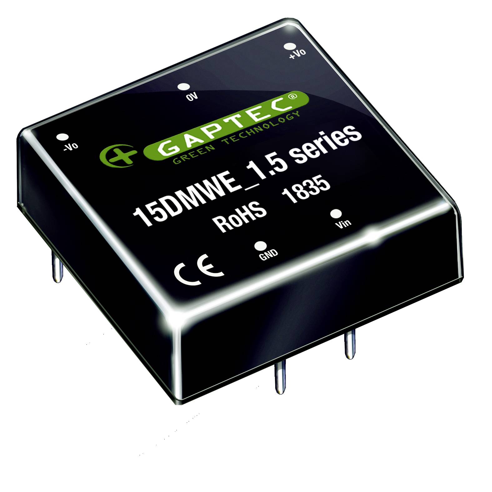 'GAPTEC Technologies Vertes' 15DMWE_1.5 Série Convertisseur de tension, conforme RoHS, Modèle 1835 avec marquage CE, quatre broches visibles.