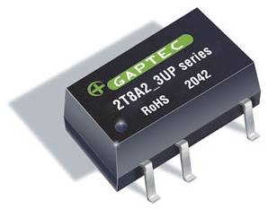 Composant électronique, une puce noire de la marque GAPTEC portant l'inscription '2T8A2 3UP series', conforme RoHS, numéro de modèle 2042.