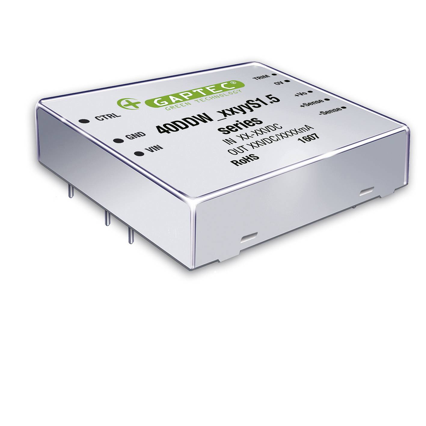 Un composant électronique argenté, rectangulaire, portant l'inscription 'GAPTEC 400DW XWYS1.5 Series' ; des détails techniques sont indiqués.