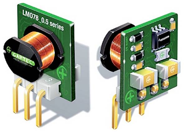Deux composants électroniques avec des bobines oranges, debout verticalement. Inscription 'LM078 0.5 series' et 'GAPTEC'.