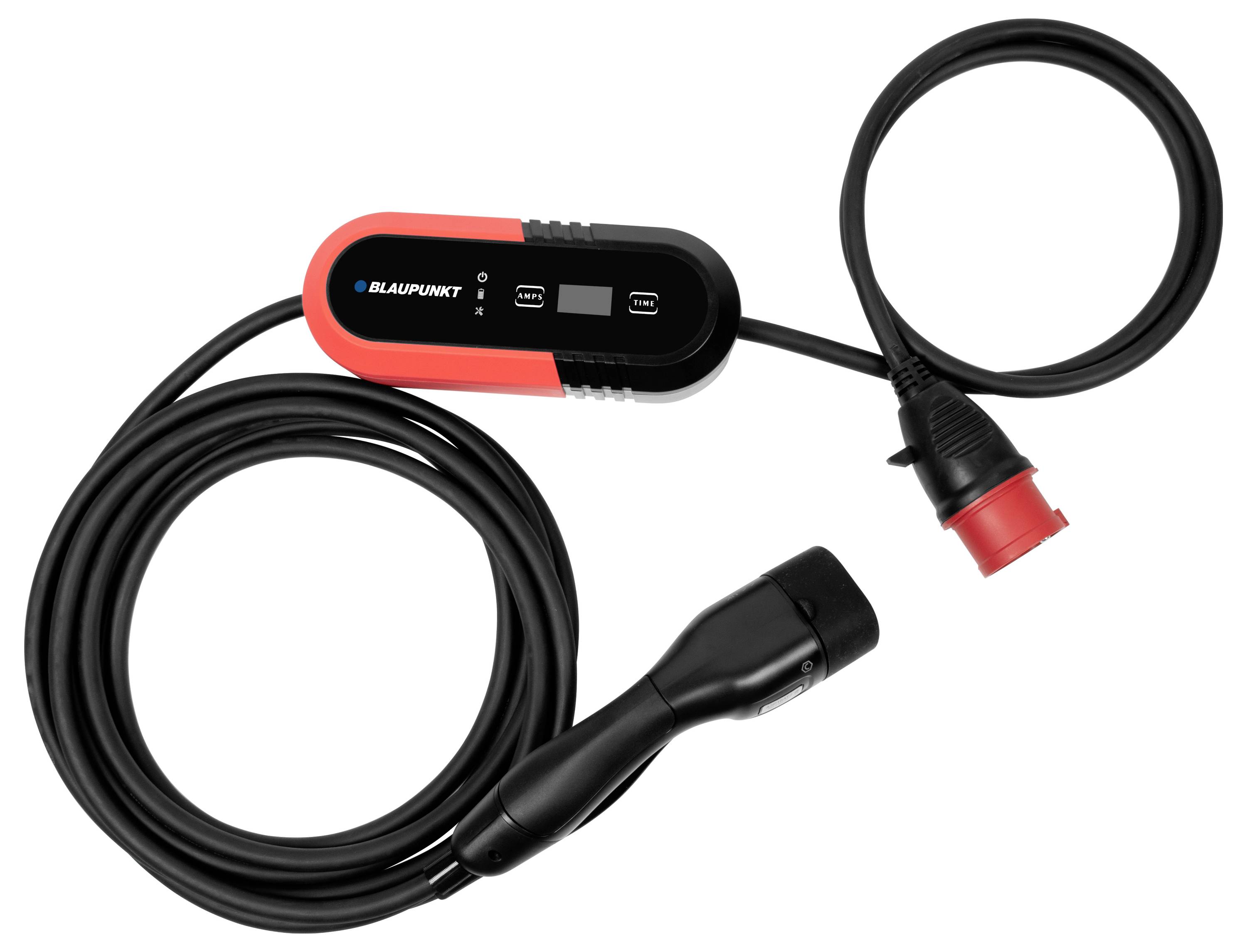 Câble de charge pour véhicules électriques avec boîtier rouge et noir, logo de marque et connecteurs sur fond blanc.