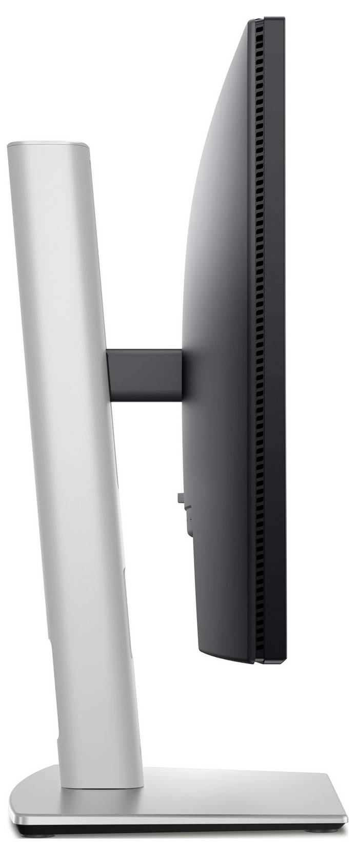 Écran plat vu de côté, avec un socle élégant argenté et un cadre noir. Idéal pour les bureaux modernes.