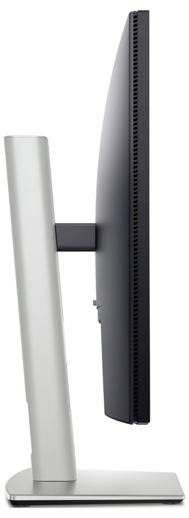 Vue latérale d'un écran d'ordinateur fin monté sur un socle stable. L'écran est plat et dans des tons sombres.