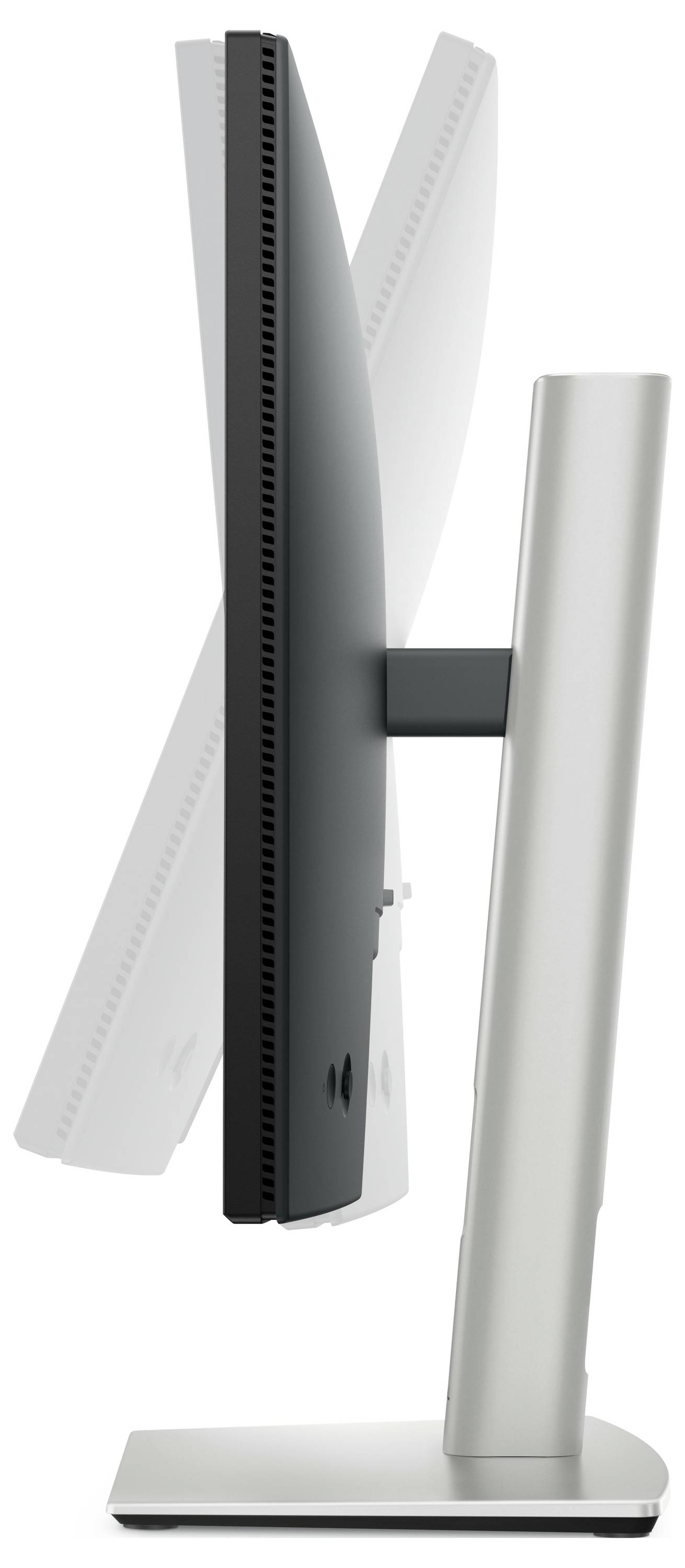 Un moniteur, montré de côté, avec un écran pivotant, installé sur un pied réglable.