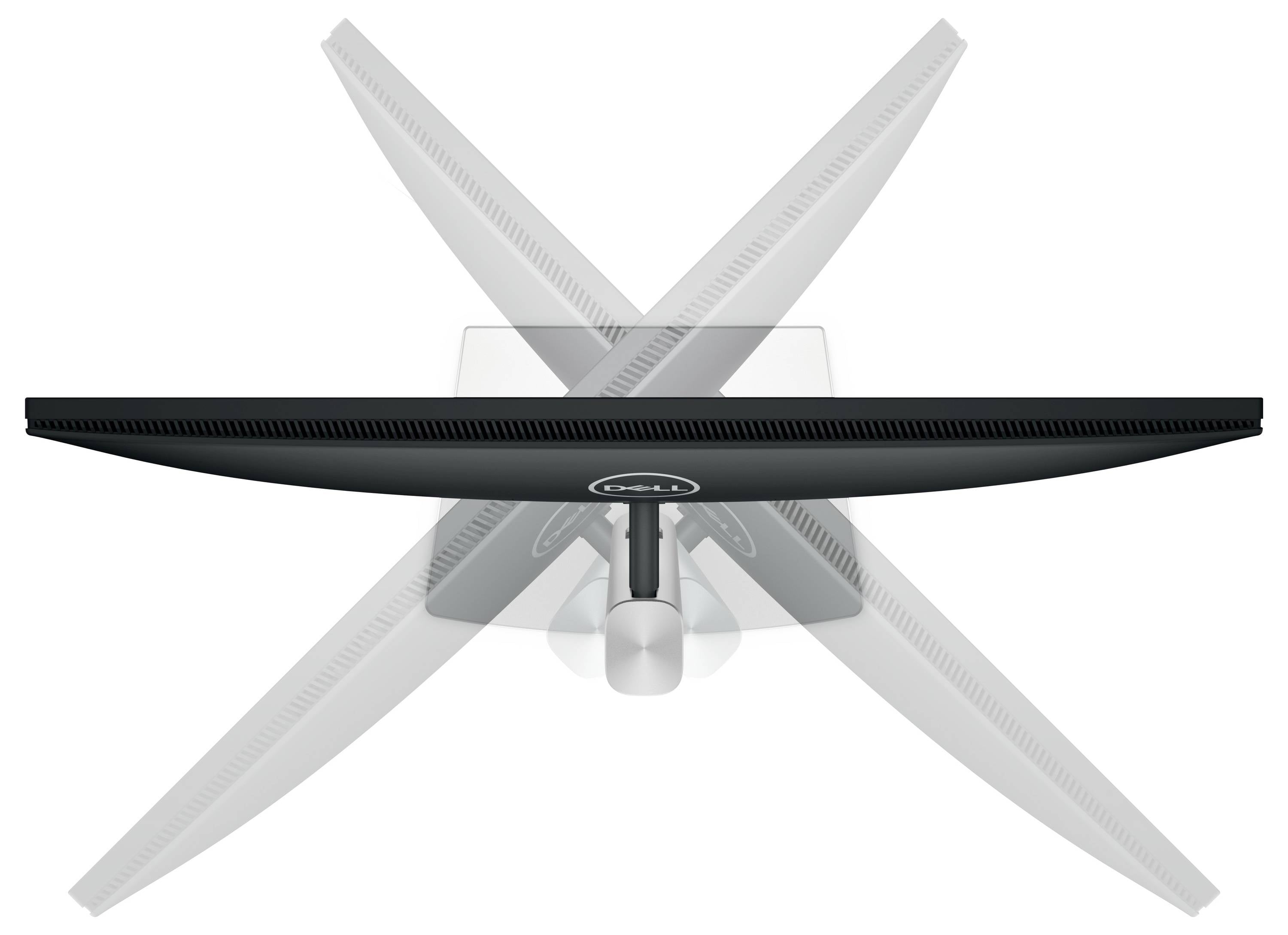 'Écran d'ordinateur noir avec support pivotant, vu de dessus, avec une représentation en X illustrant sa capacité de rotation.'