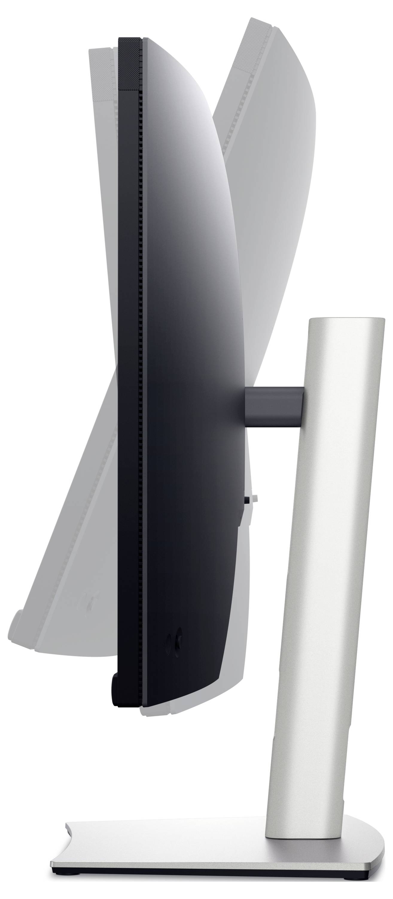 Un moniteur à angle ajustable, vu de profil, montrant sa capacité d'inclinaison. Principalement en noir et argent.