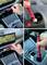 Une personne nettoie les grilles d'aération et les boutons dans la voiture à l'aide d'un pinceau. L'écran affiche un plan. Un travail de détail à l'intérieur du véhicule.