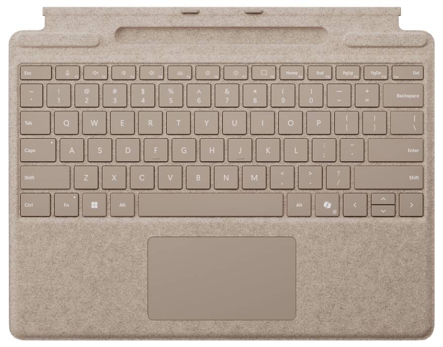 Clavier avec fonction de pavé tactile intégré en tissu marron ; compatible avec les appareils Surface. Comprend des touches de fonction et des dispositions standard.