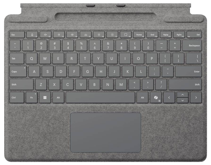 Une housse de clavier grise avec pavé tactile, adaptée à une tablette. Comprend des touches de fonction et s'étale à plat une fois dépliée.
