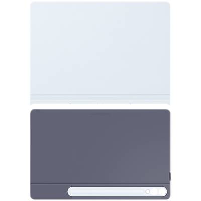 Un objet rectangulaire bleu clair et un autre gris foncé, chacun avec un design élégant, minimaliste et des angles arrondis.