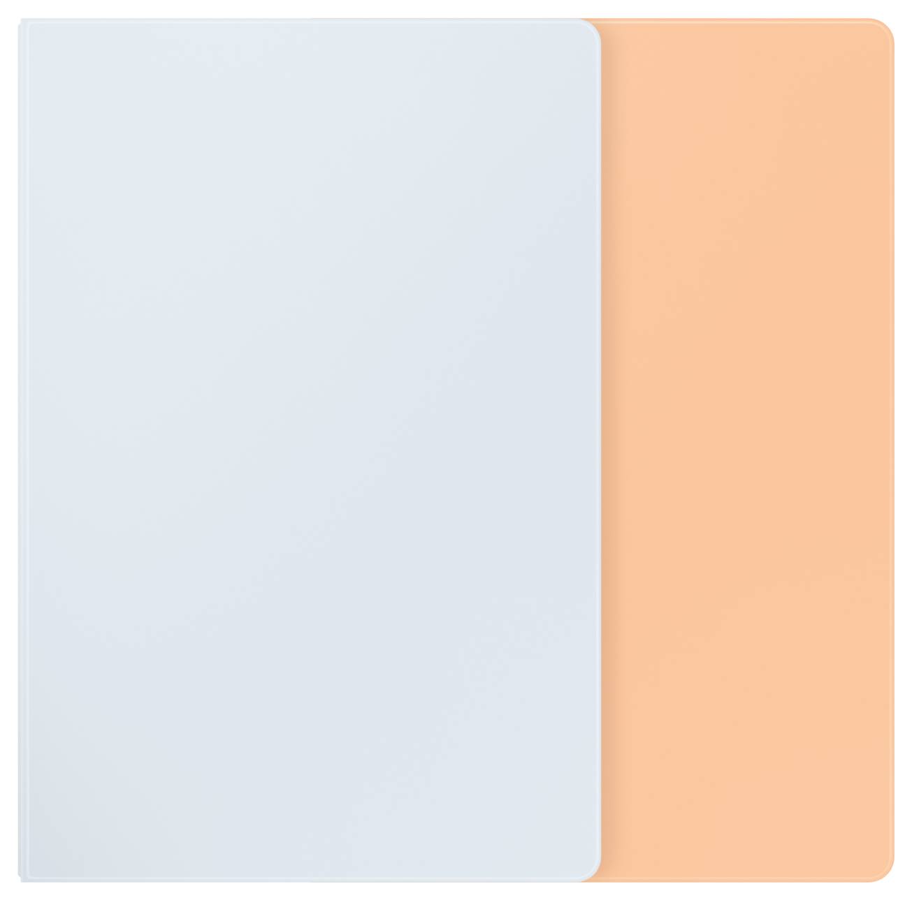 Un carnet de notes avec une couverture avant bleu clair et une couverture arrière orange, aux coins arrondis.