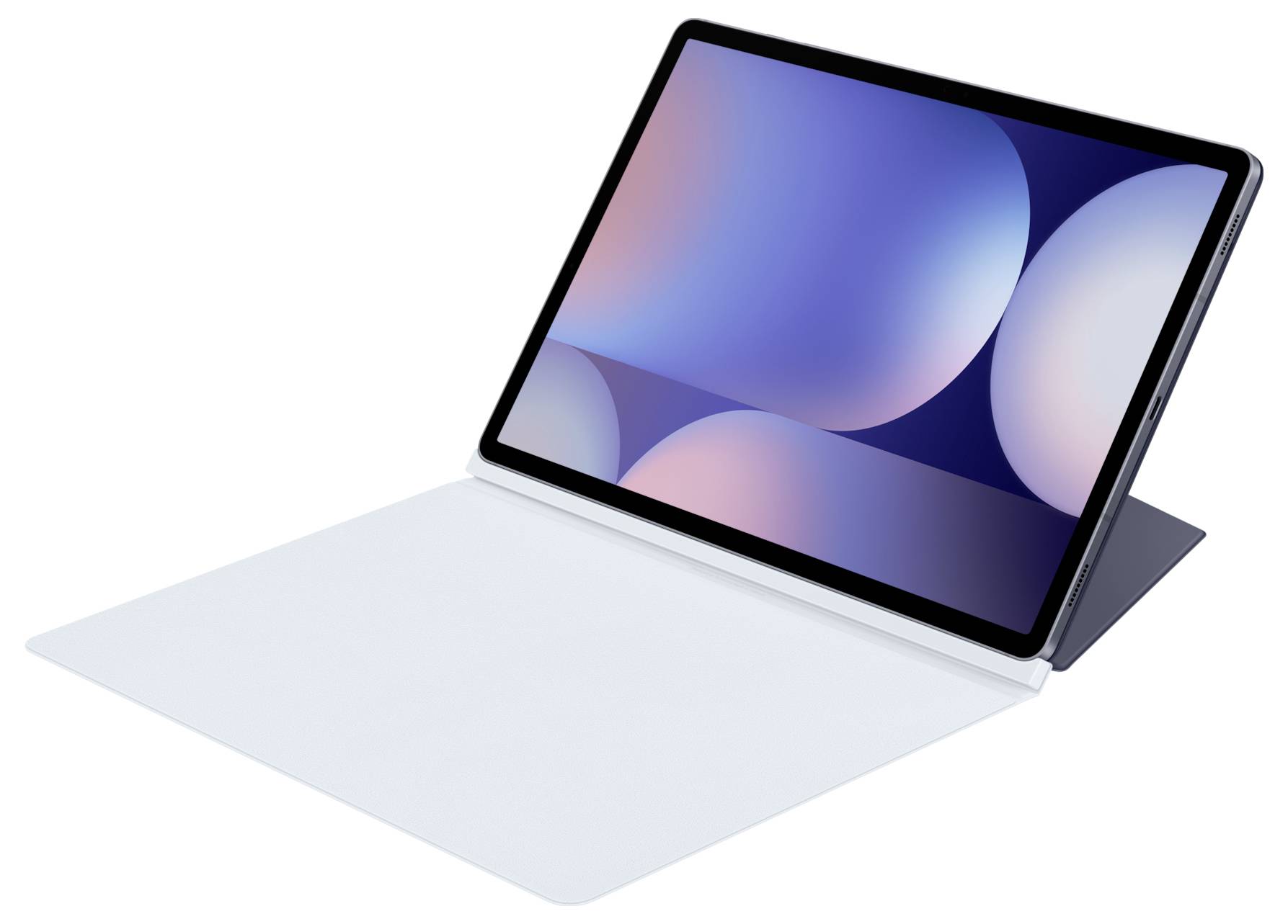 Une tablette avec un grand écran, posée à plat sur une housse de clavier blanche, sur un fond aux couleurs pastel.