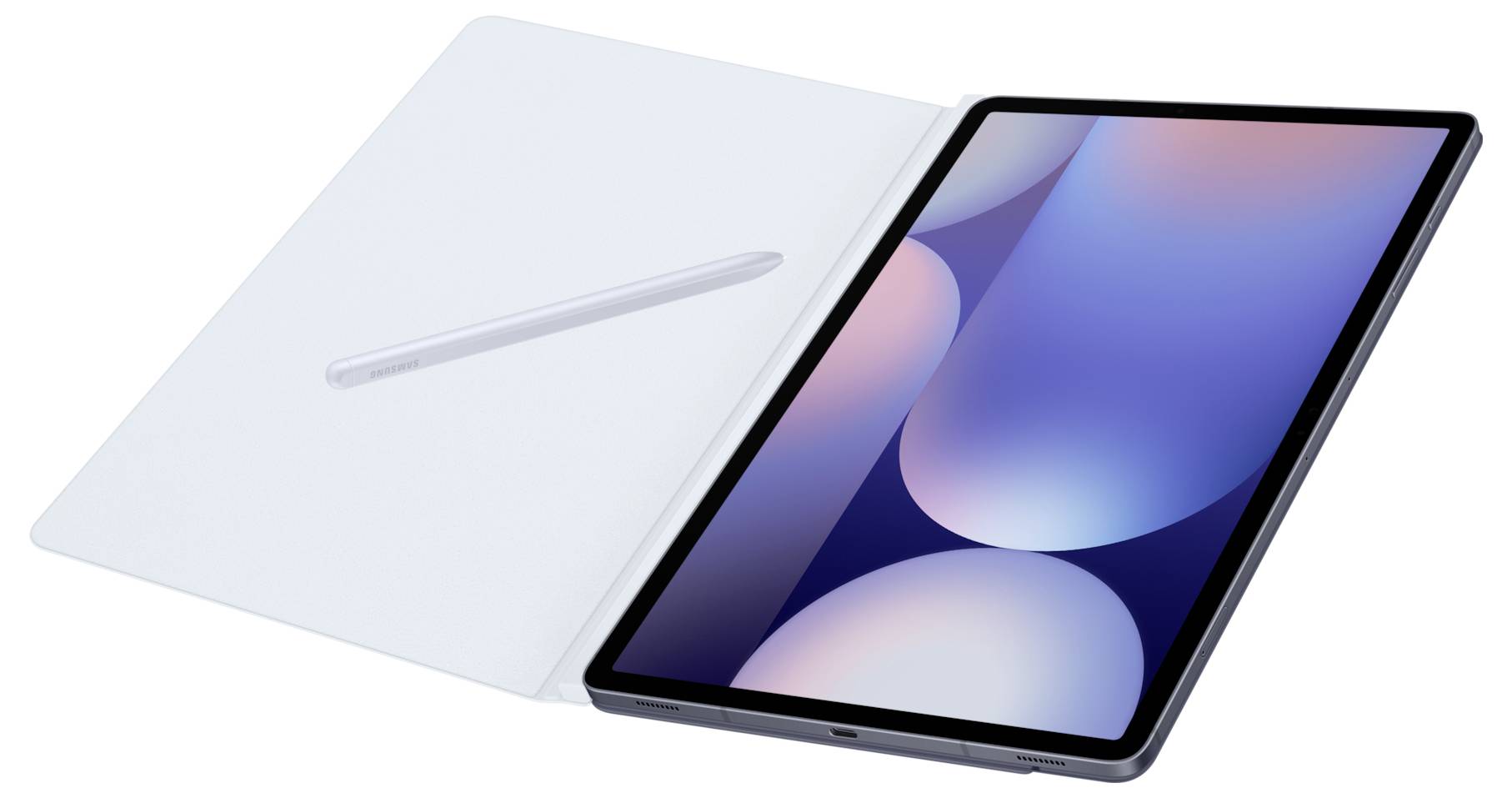 Tablette avec stylet, étui ouvert. L'écran affiche un fond d'écran abstrait et coloré. Idéal pour les travaux créatifs.