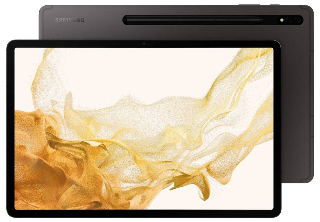 Une tablette avec un cadre noir affiche un motif graphique abstrait orange sur son écran.