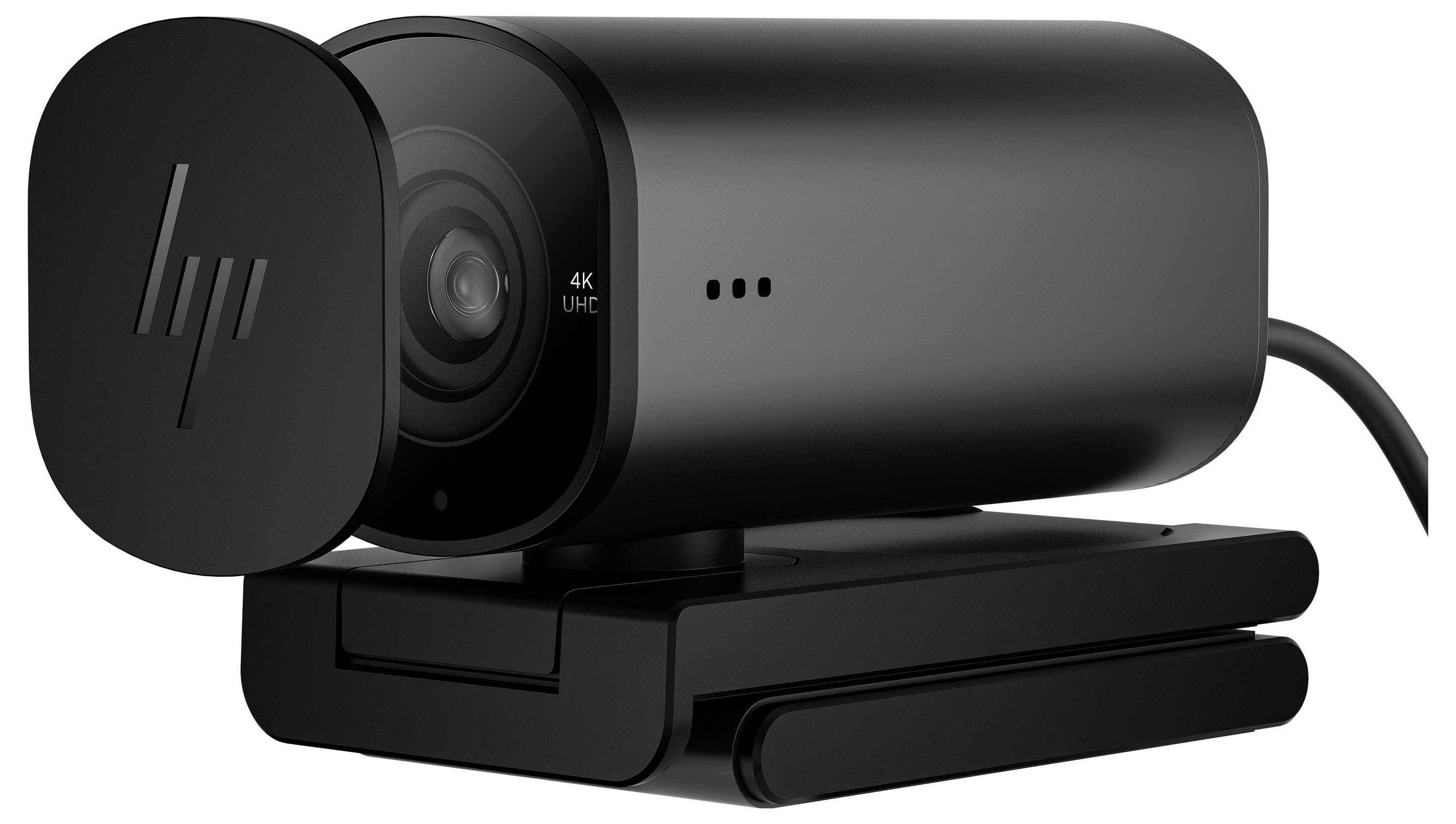 Webcam avec couvercle rotatif, boîtier noir. Résolution 4K UHD, connexion USB. Adaptée aux visioconférences.