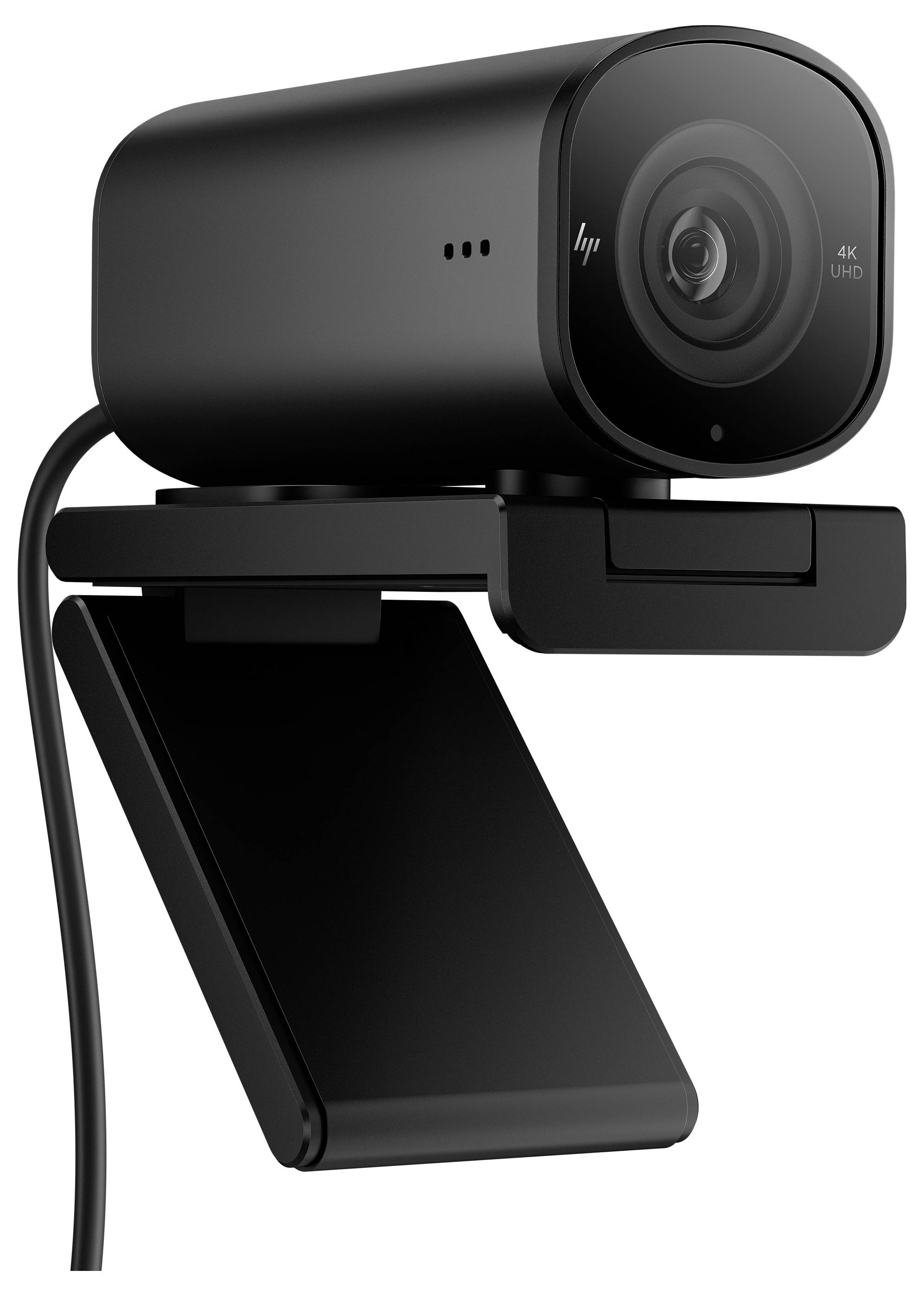 Une webcam noire avec résolution 4K sur un support réglable, adaptée aux ordinateurs. Idéale pour des enregistrements vidéo haute définition.