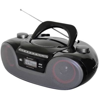 Un lecteur CD portable noir avec radio intégrée et un écran affichant « Energy Messenger Pop Music ».