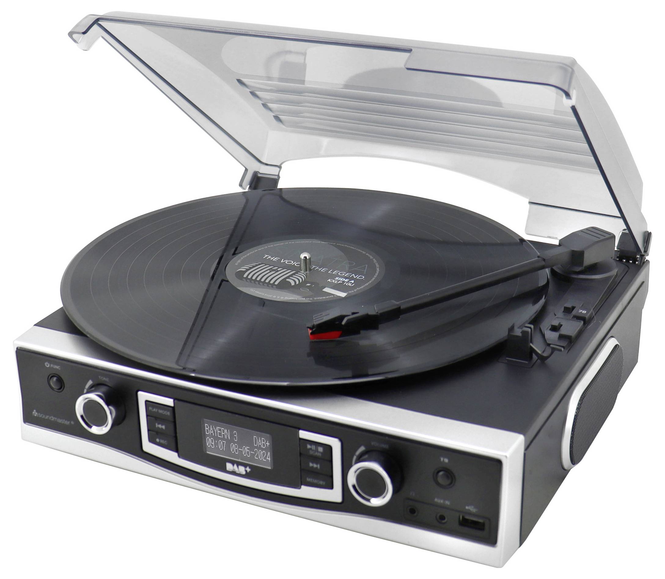 Un tourne-disque moderne avec le couvercle ouvert, sur lequel repose un disque vinyle noir. Le bras de lecture est positionné.