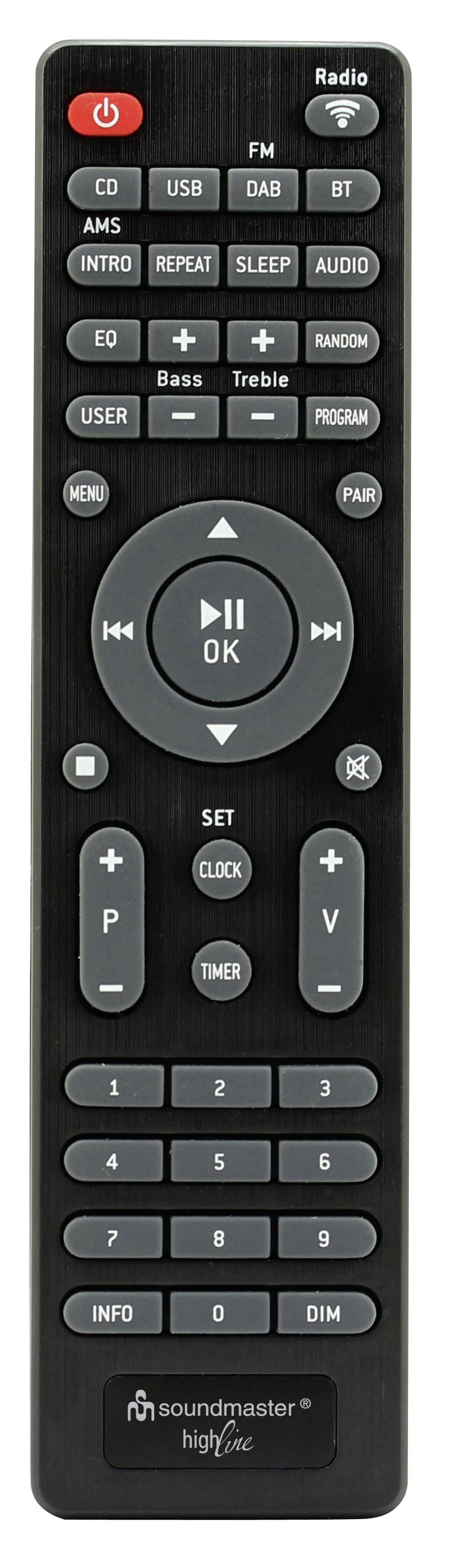 Une télécommande noire avec des touches pour les réglages audio, la lecture, le volume et la sélection des stations de radio. Logo de la marque en bas.