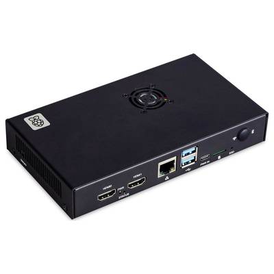 Appareil électronique noir avec plusieurs ports, dont deux HDMI, deux USB, Ethernet et une prise d'alimentation, équipé d'un ventilateur et arborant le logo Raspberry.