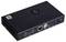 Appareil électronique noir avec plusieurs ports, dont deux HDMI, deux USB, Ethernet et une prise d'alimentation, équipé d'un ventilateur et arborant le logo Raspberry.