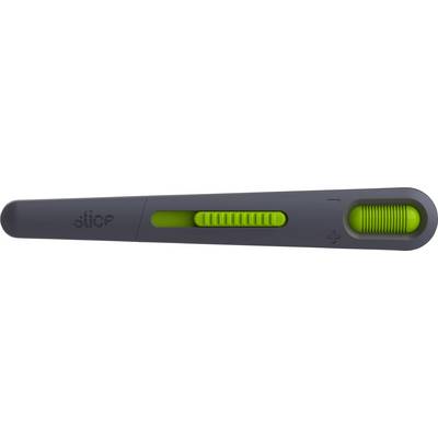 Un cutter de sécurité gris avec un curseur vert et une lame arrondie. Idéal pour couper des matériaux en toute sécurité.