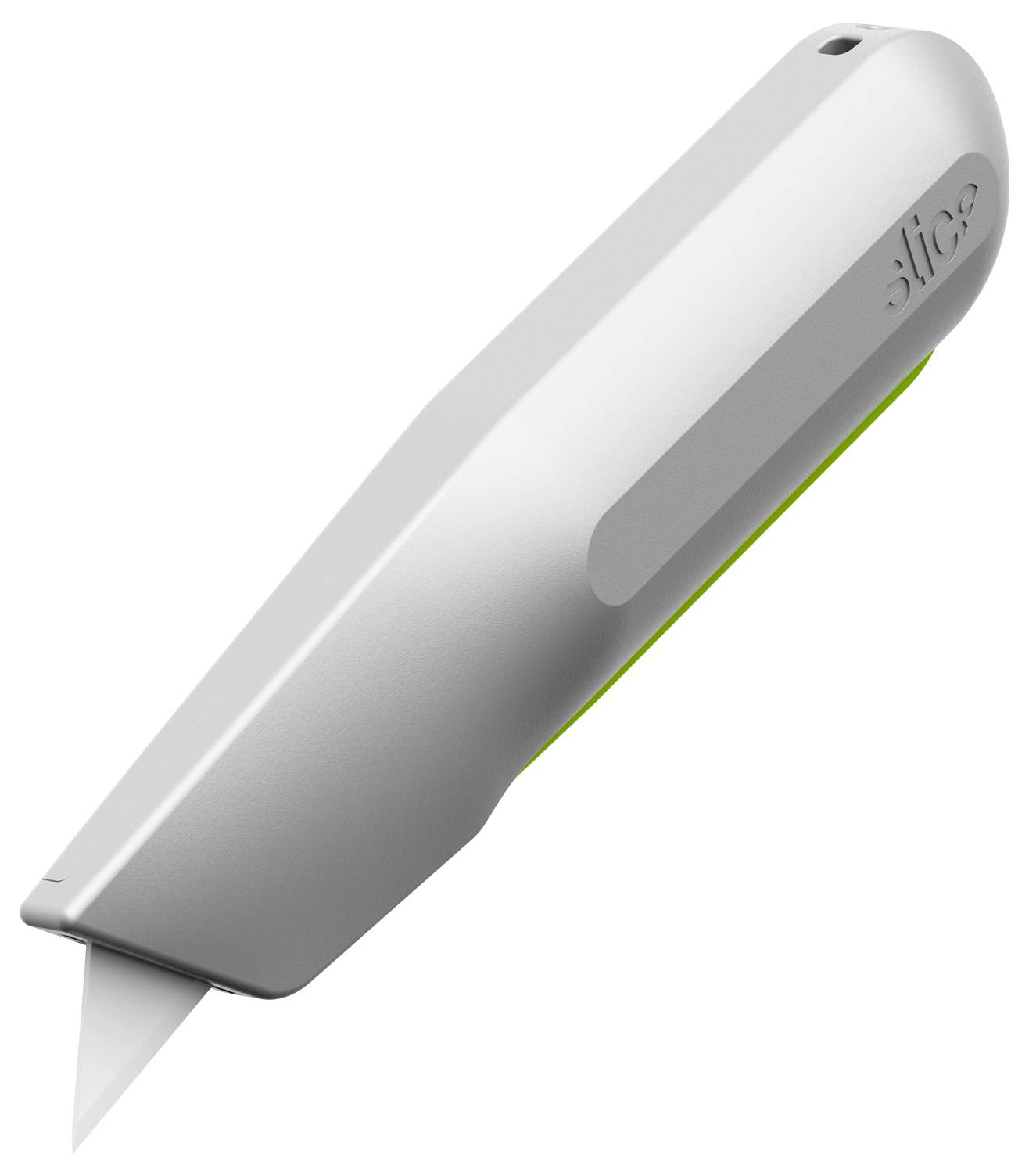 Cutter de sécurité blanc avec accent vert, lame tranchante et poignée ergonomique, idéal pour une coupe précise.