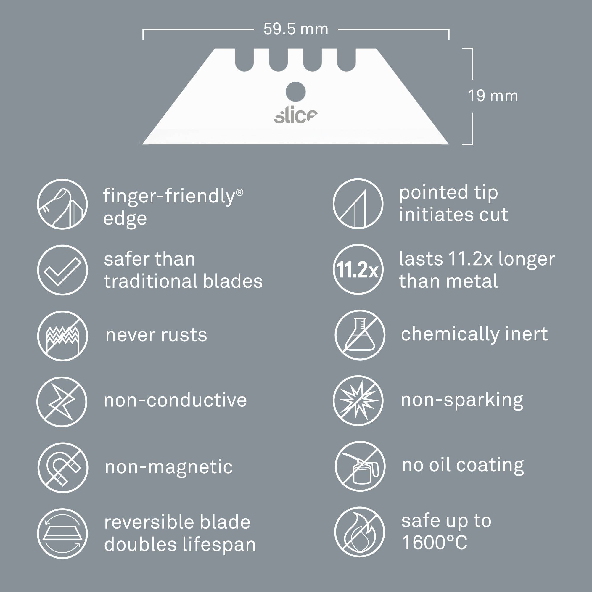 Design de lame avec des bords arrondis et axés sur la coupe ; sûr, durable, non magnétique, chimiquement inerte, résistant à la chaleur jusqu'à 1600°C.