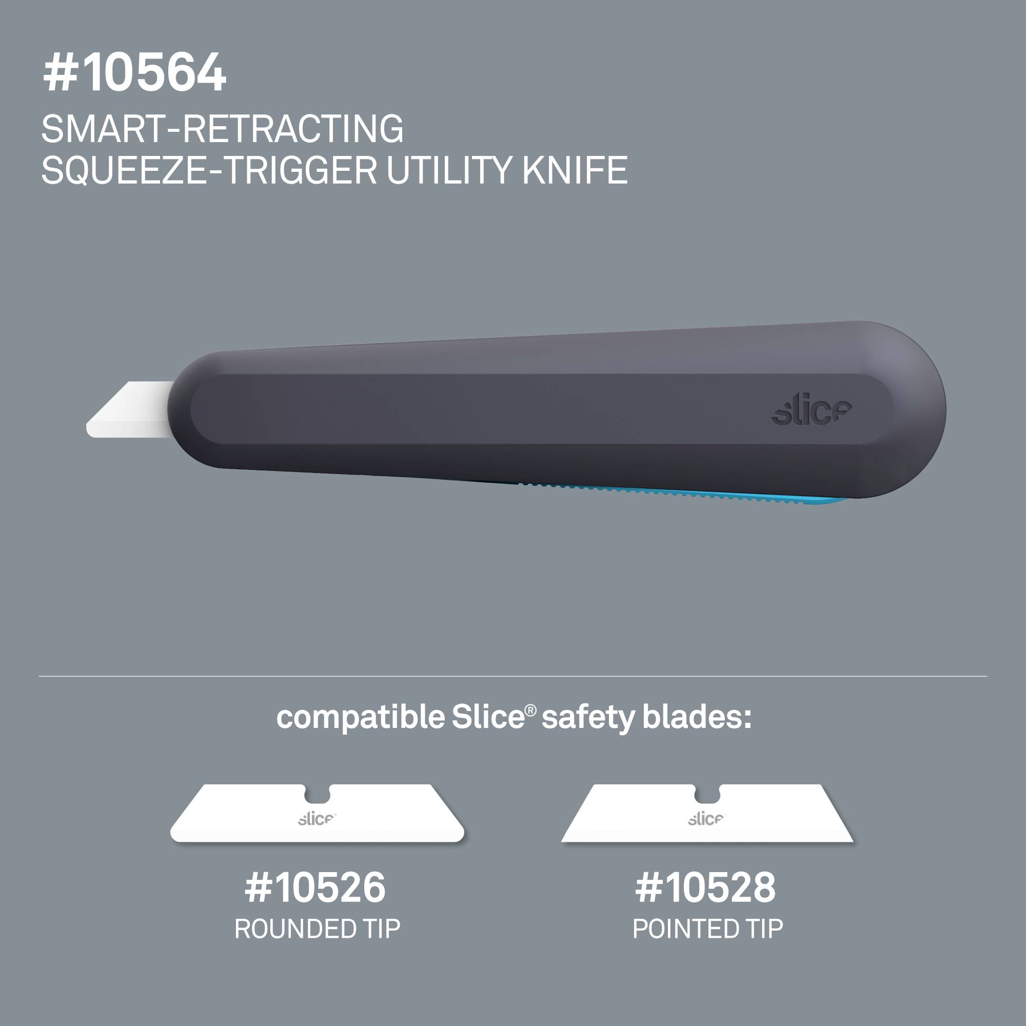 Couteau utilitaire avec poignée de sécurité et lame rétractable. Deux lames compatibles : pointe arrondie et pointe pointue.