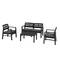 Ensemble de meubles de jardin en métal noir comprenant deux fauteuils, une table et un banc, tous dotés de coussins gris. Parfait pour l'extérieur.