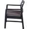Chaise noire en métal avec accoudoirs et assise rembourrée grise, vue de côté. Adaptée à un design d'intérieur moderne.