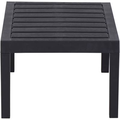 Une table rectangulaire noire avec une surface de type lattes et quatre pieds.