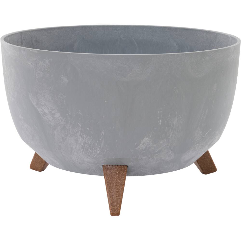 Pot de plante gris avec support en bois trépied, design épuré.