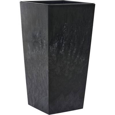 Un grand pot de fleurs rectangulaire noir avec une surface rugueuse, adapté aux espaces intérieurs et extérieurs.