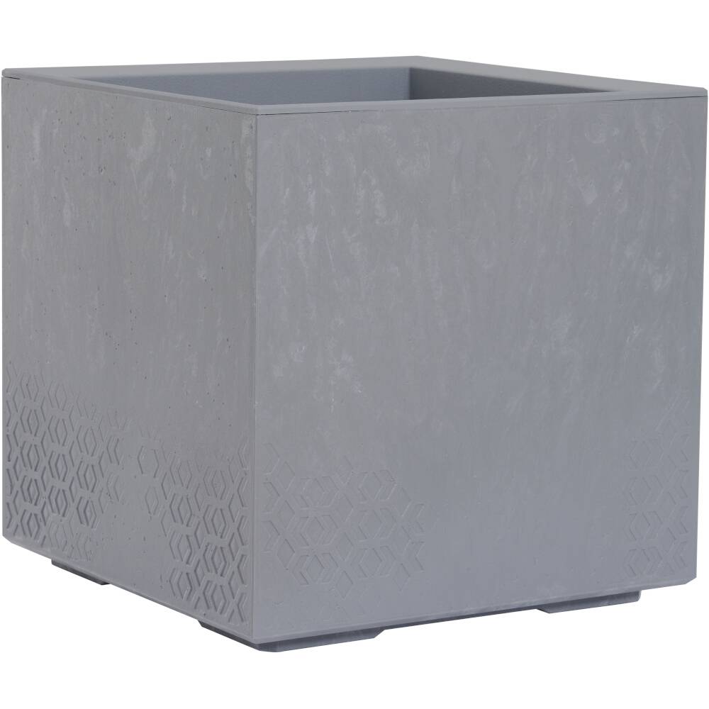 Pot de fleurs carré gris avec une surface légèrement texturée et un motif discret sur le bord inférieur.
